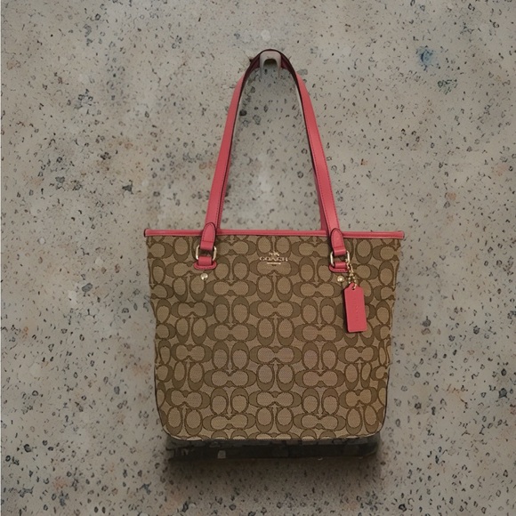 COACH HANDBAG OUTLINE SIGNATURE ZIP TOP TOTE KHAKI BROWN PINK NWOT - Picture 1 of 16